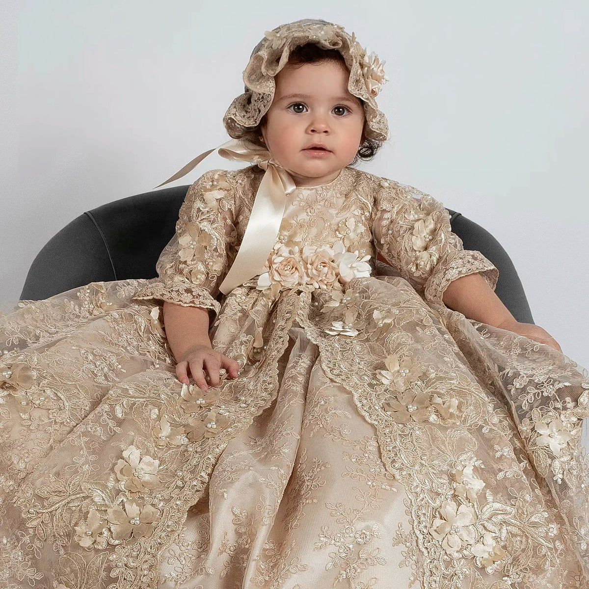 Christening Gown M35 for Baby Girl Beige + Party Dress